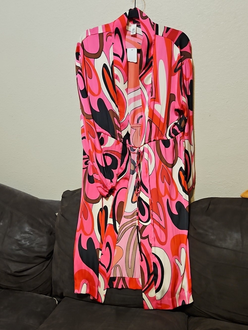 Versona Pink Red Black Multi-Print Tie-Front Duster